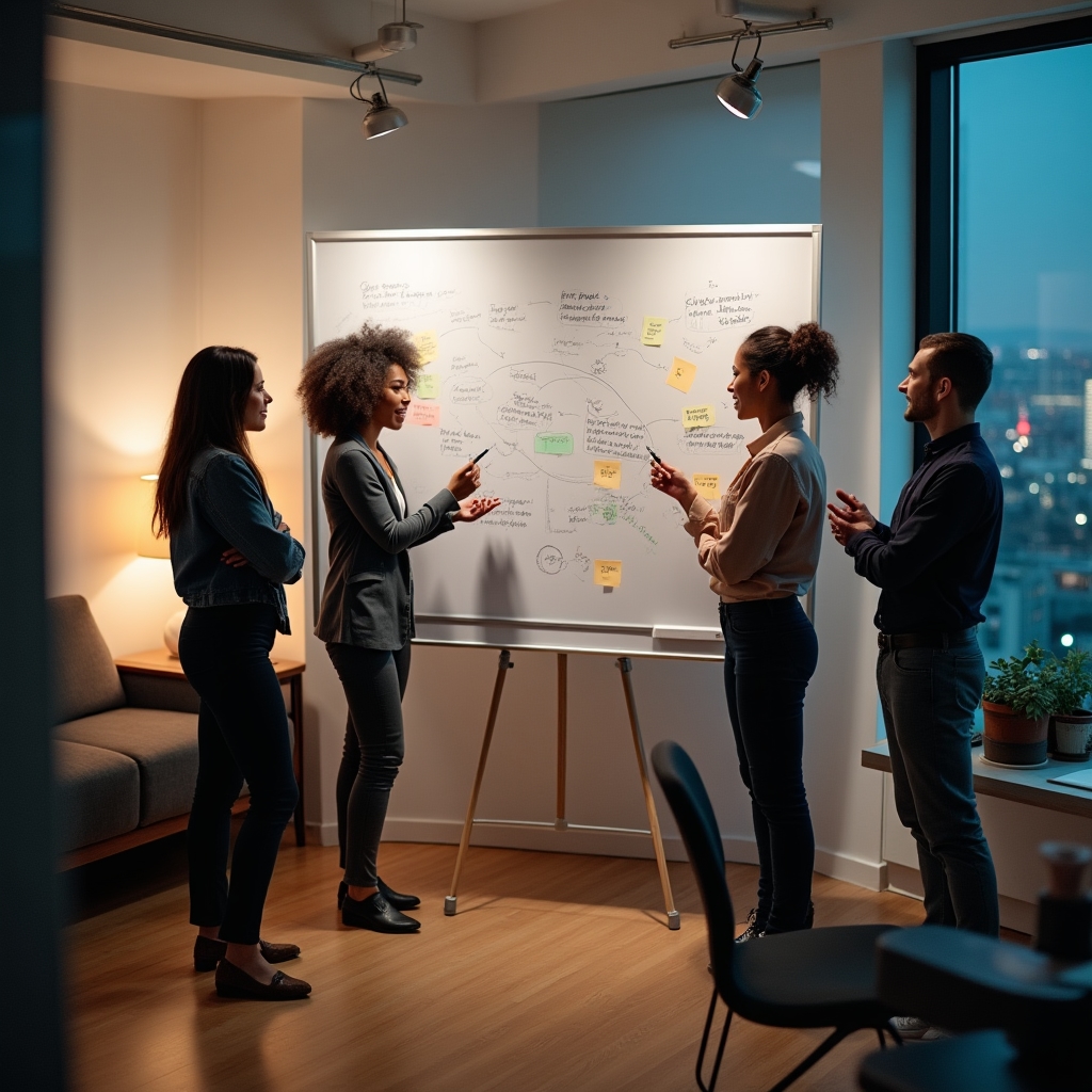 Discuție lângă un whiteboard cu diagrame despre un caz real de decizie pe date