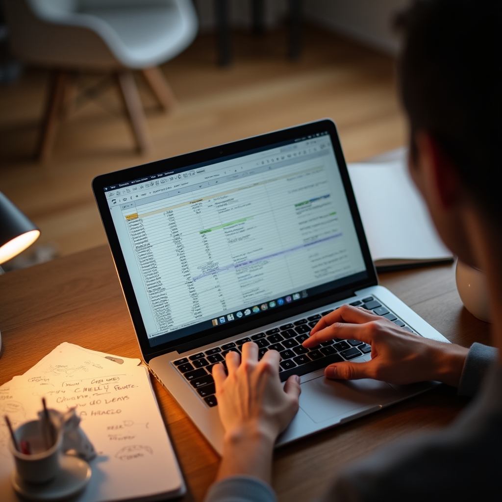 Notițe scrise de mână alături de un laptop cu un tabel de date