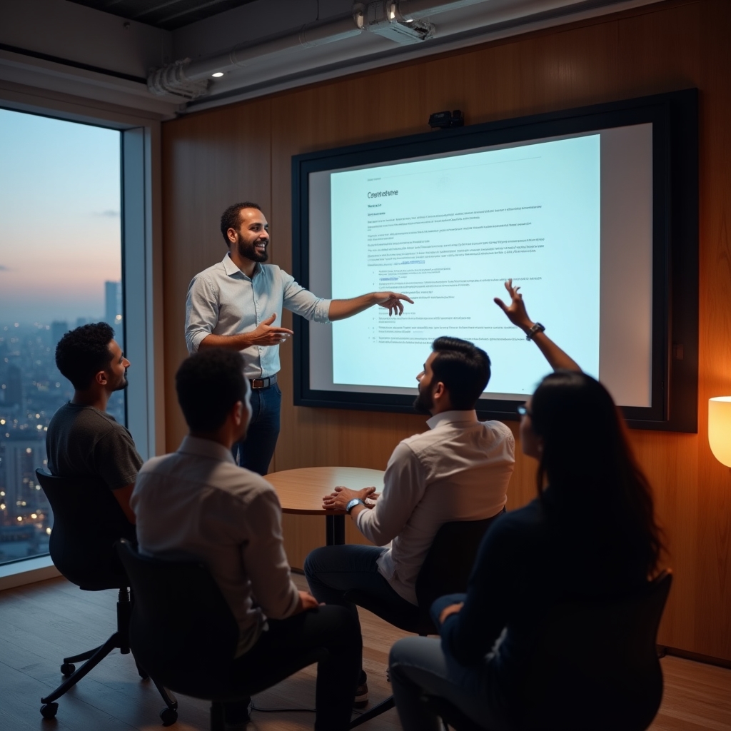 Facilitator explicând un grafic de date unei echipe la o sesiune de formare